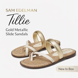 NIB Sam Edelman Tillie Gold Metallic Slide Sandals  5 Leather Beaded Flat Summer